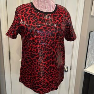 DKNY black and red animal print sequin short sleeve top ￼